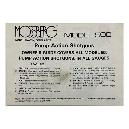 Mossberg Model 500 Pump Action Shotgun all gauges owner's manual 1960-70