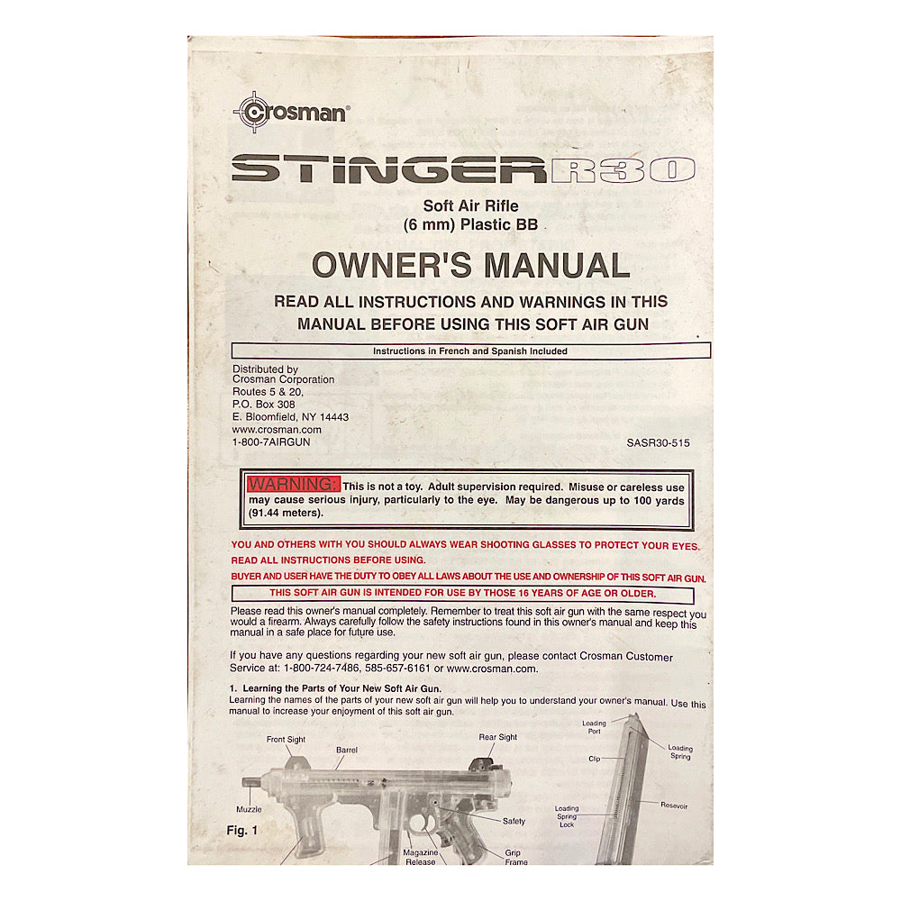 Crosman Owner's Manual for Stinger R30 Soft Air Rifle (6mm) Plastic BB - Canada Brass - 