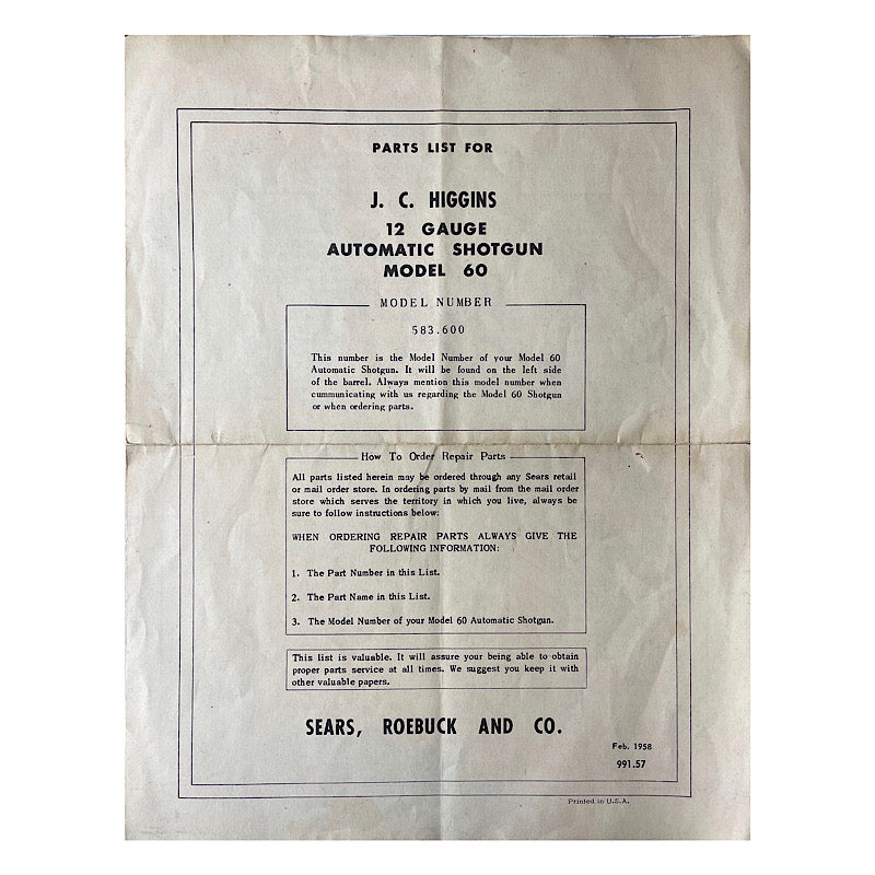 J.C. Higgins Mod 60 12ga Automatic shotgun Parts List & schematic (fold in middle) - Canada Brass - 