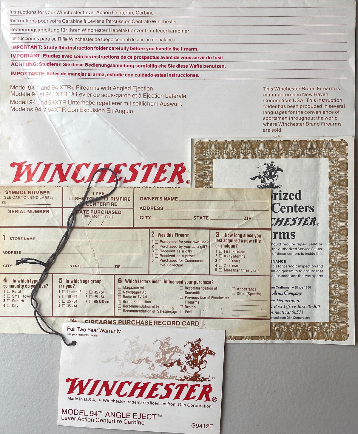 Winchester Mod 94 with Side Ejection owner's Manual 19990's (small crease) &amp; Hang Tags - Canada Brass - 
