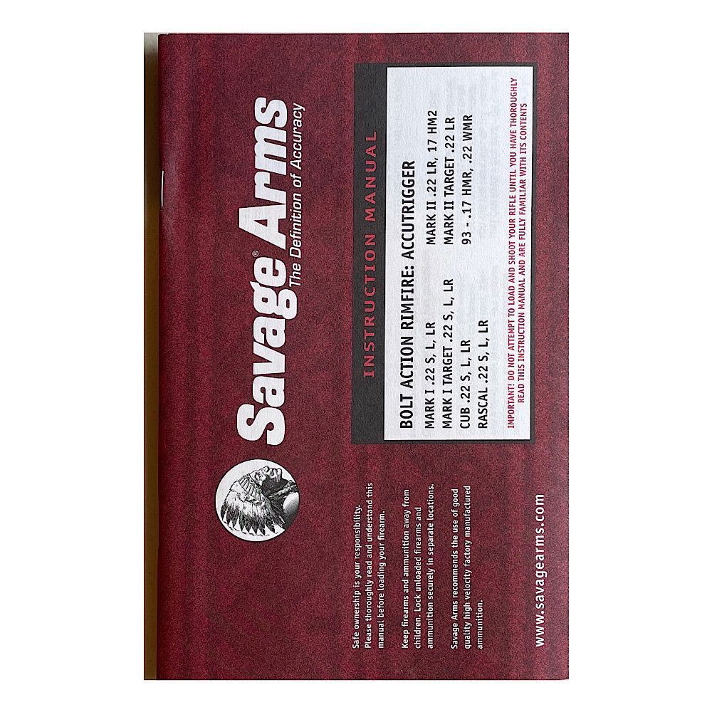Savage Arms Owner's Manual for Bolt Action Rimfire: Accutrigger, Mark I, Mark II, Cub, Rascal, 93 - Canada Brass - 