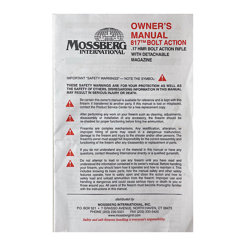 Mossberg 817 Bolt Action 17 HMR Owner's Manual - Canada Brass - 